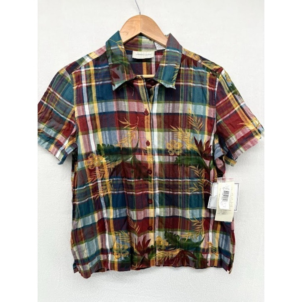 Women's Lemon Grass Plaid Blouse‎ Short Sleeve Size Medium NWT Vintage Cottage